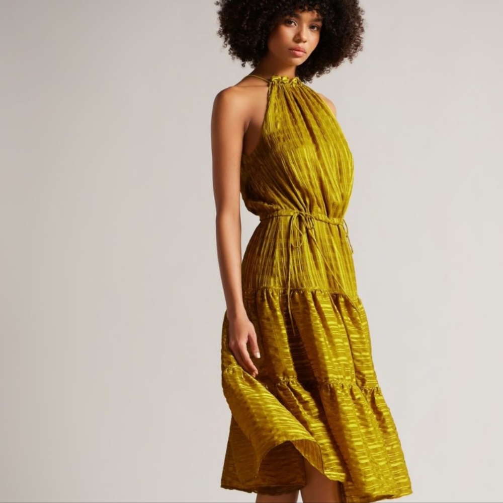 TED BAKER London Eymilia Chartreuse Tiered Halter Neck Shirred Midi Dress XS - Picture 10 of 11